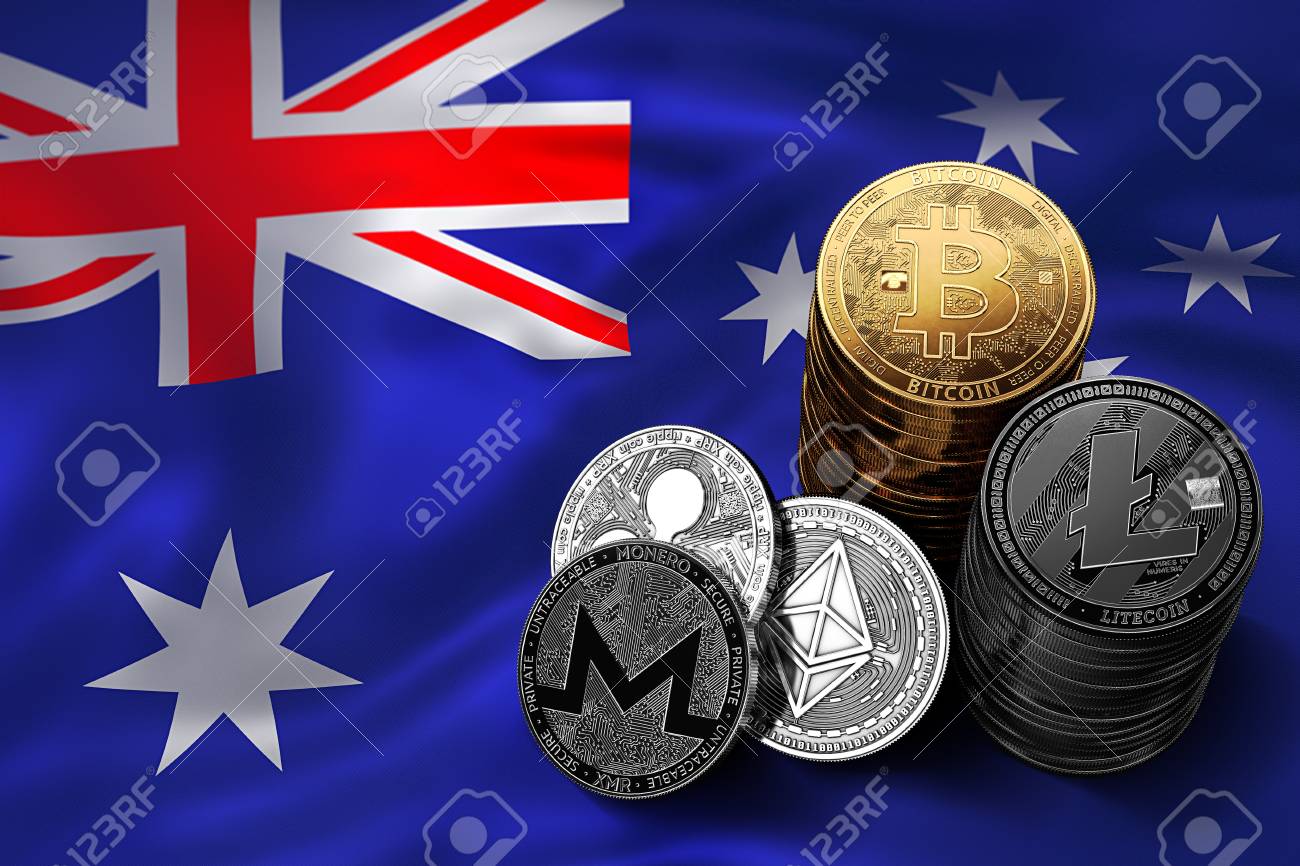 Stack Of Bitcoin Coins On Australian Flag Situation Of Bitcoin - 